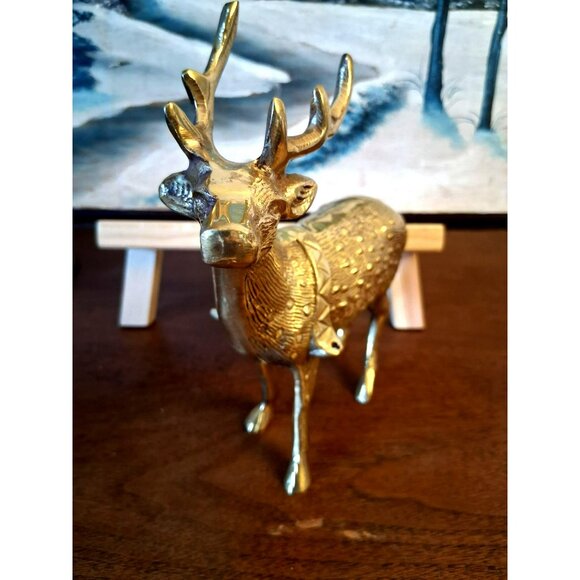 Vintage Brass Deer Figurine With Embossed Details & Decorative Collar 7" Tall Ho - Picture 2 of 7